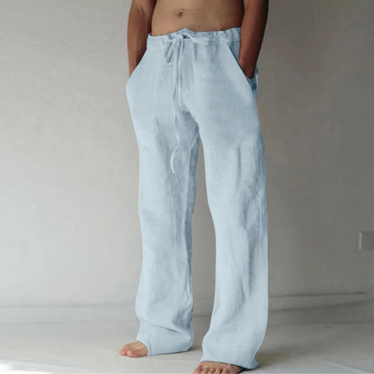 Men's Casual Pants Daily Wear Solid Summer Full Length Soft Linen Pants Mid Waist Pocket Drawstring Trousers Streetwear Bottoms
